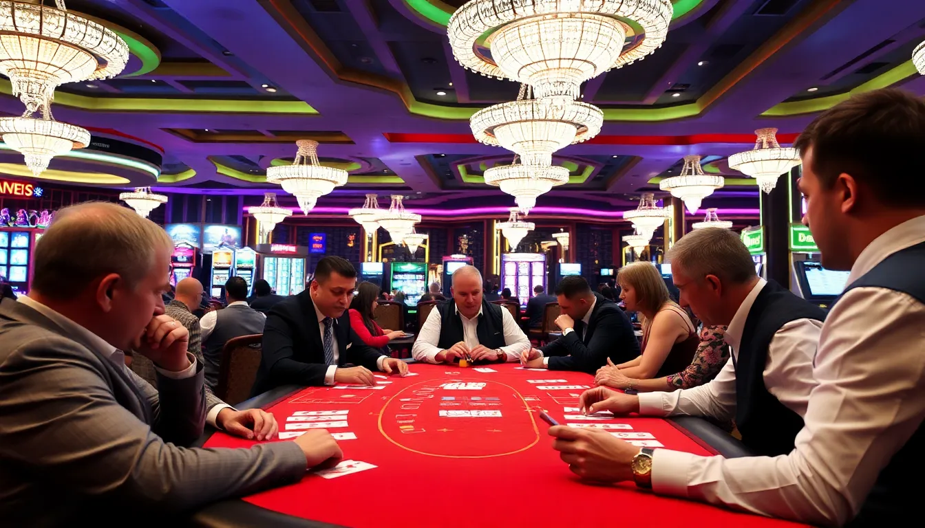 A group of players sits around a luxurious casino table, intently focused on a game of baccarat as a dealer shuffles cards in the center.