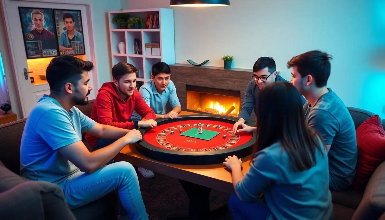A group of enthusiastic players gathers around a large screen in a lively casino, eagerly watching a livestreamed game while interacting with each other and the host.