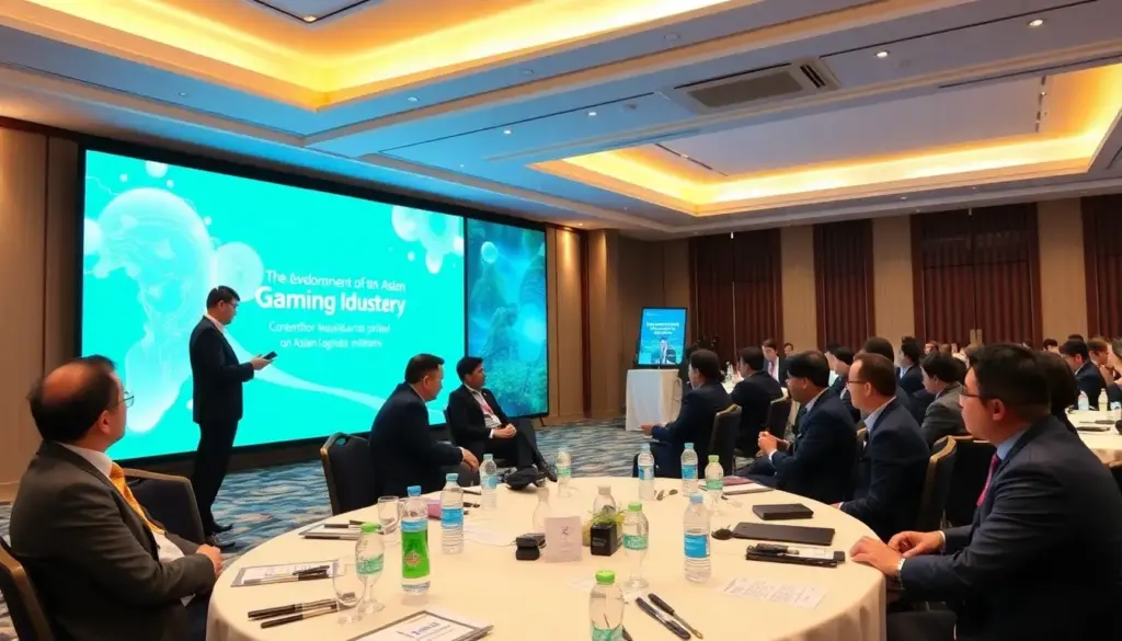 A bustling gaming convention in Asia showcases attendees engaging with the latest technology and game releases, highlighting the region's vibrant gaming culture.