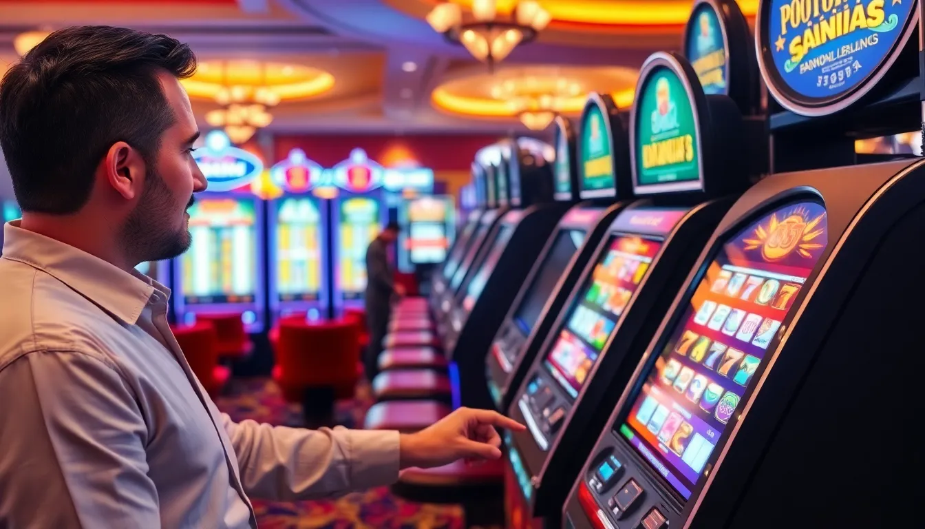 A group of enthusiastic players gathers around a brightly lit slot machine in a bustling casino, eagerly watching the spinning reels as they hope for a winning combination.