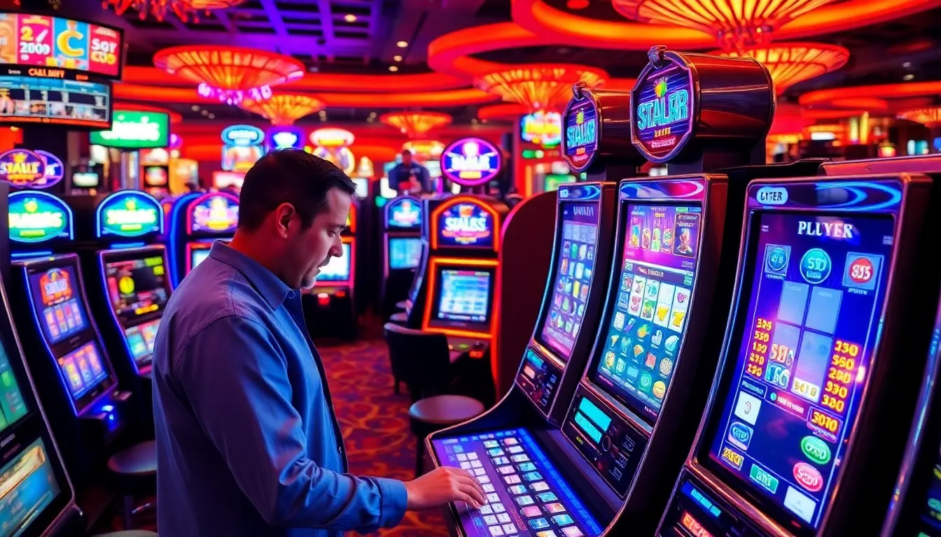 An array of colorful slot machines featuring various bonus games and free spin options, highlighting the exciting features that enhance gameplay