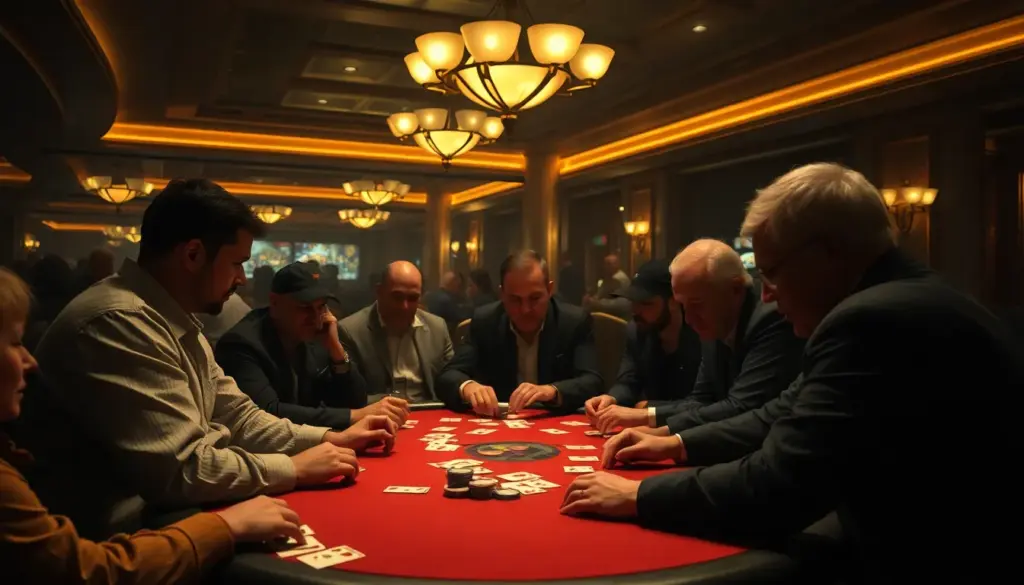 A group of diverse players sits around a poker table, intently focused on their cards and chips during a lively tournament.
