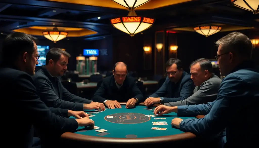 A group of poker players sits around a table, intently focused on their cards and chips as they engage in a heated game during a local tournament.