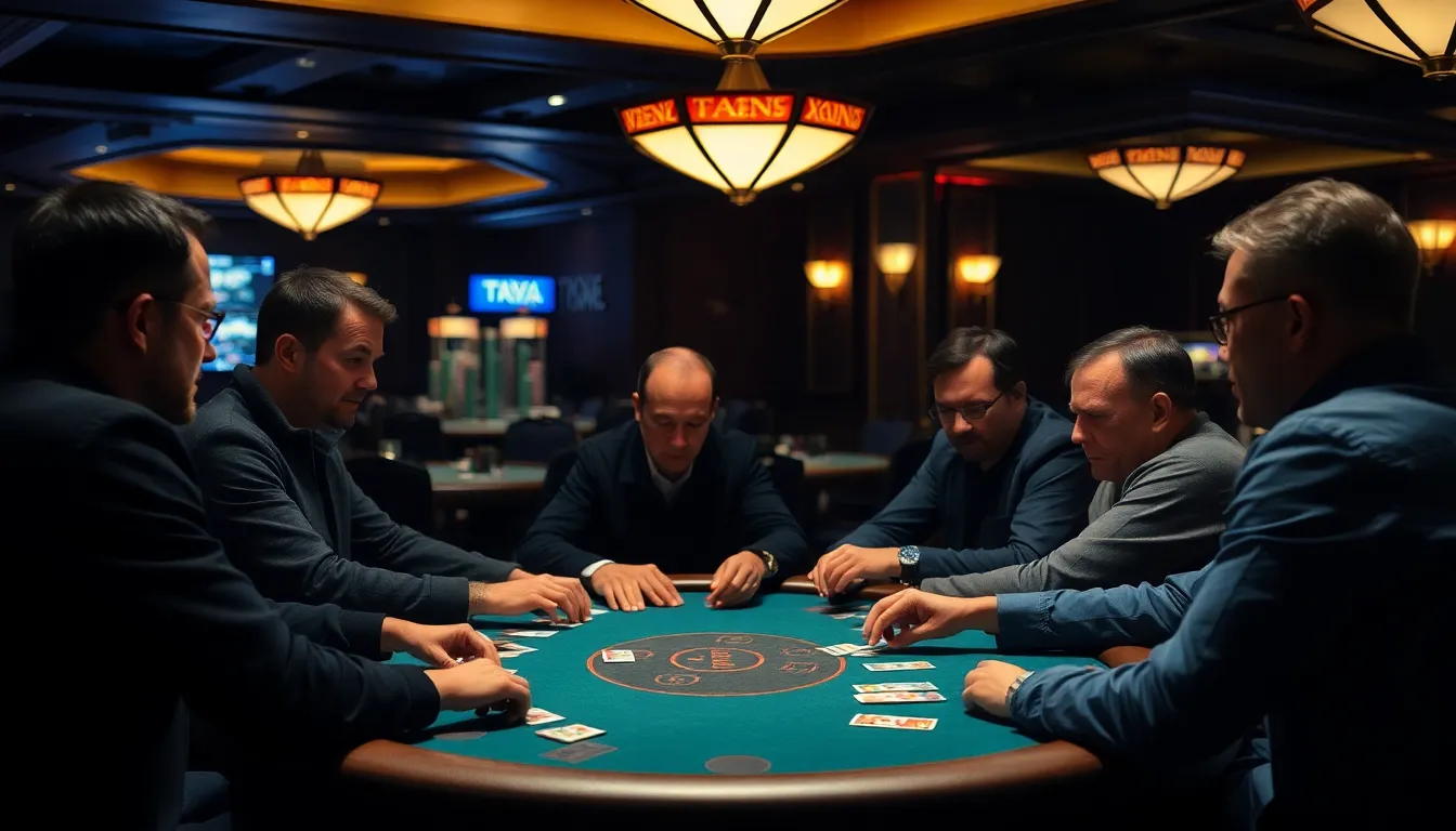 A group of poker players sits around a table, intently focused on their cards and chips as they engage in a heated game during a local tournament.