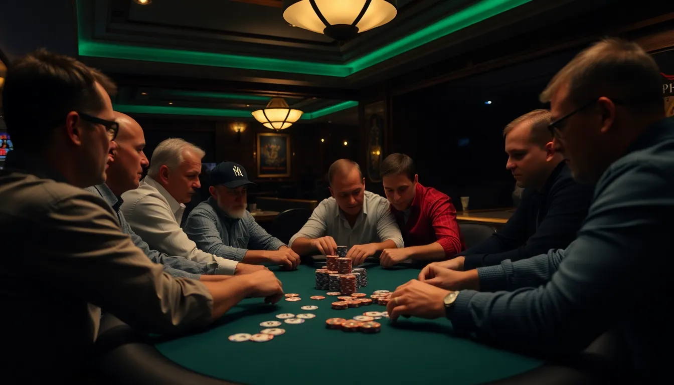 A focused player sitting in a strategic position at a poker table, carefully observing the actions of opponents before making a crucial betting decision