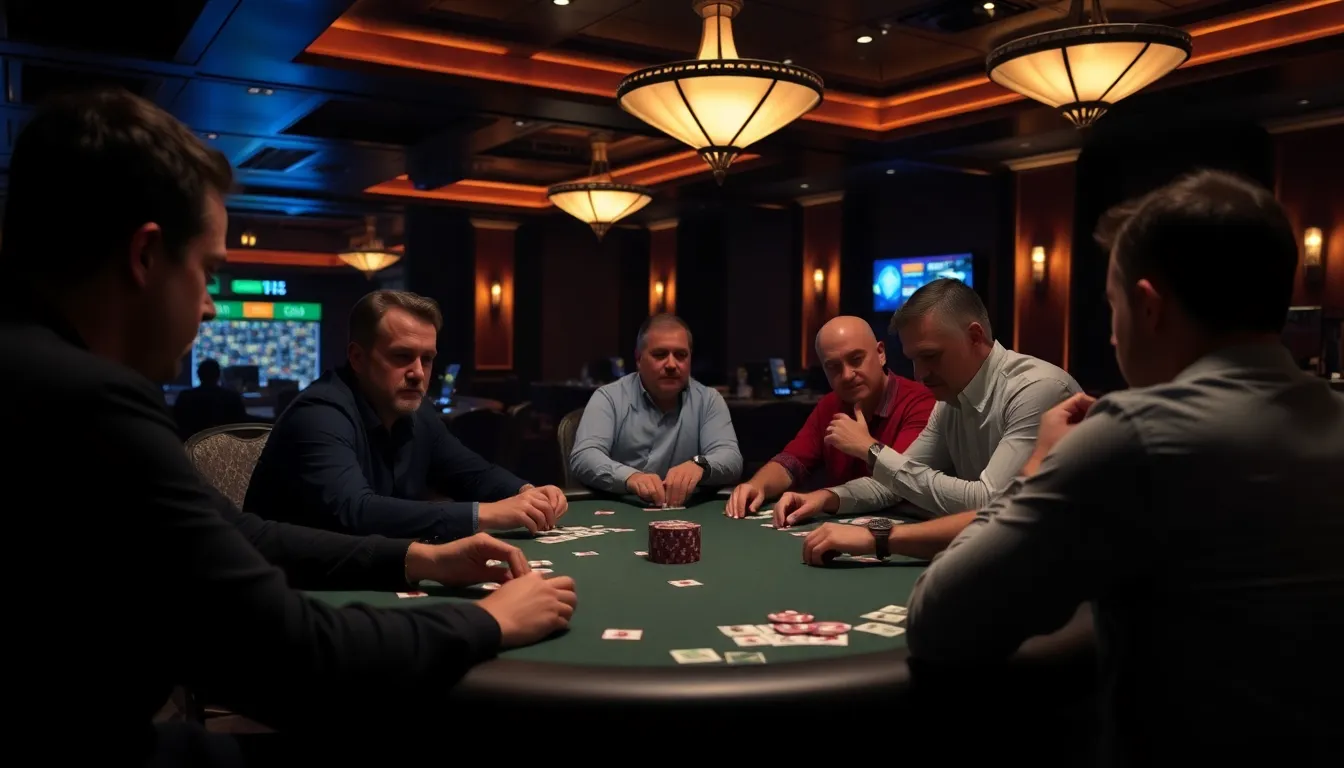 A dynamic scene of players in a tournament setting, highlighting the excitement and competitive atmosphere as they navigate various poker scenarios