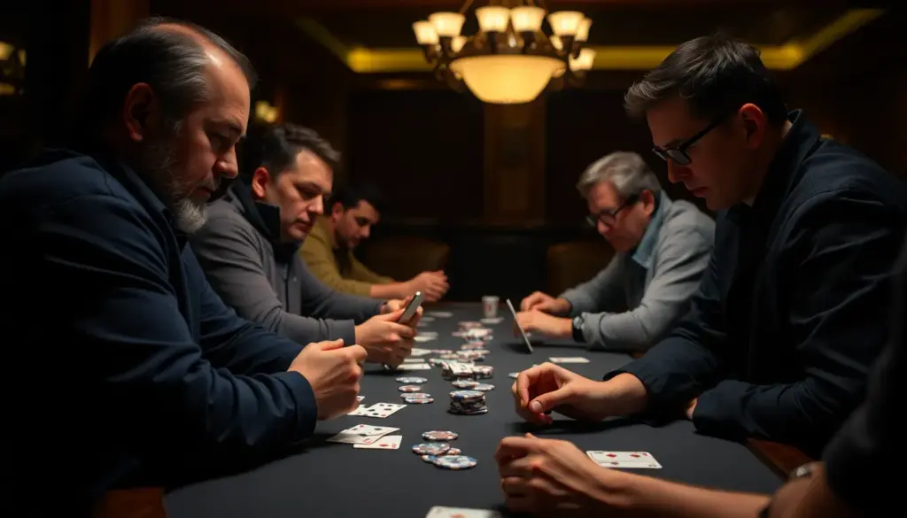 A group of focused poker players sits around a table, intently studying their cards and calculating their next moves during a competitive tournament.