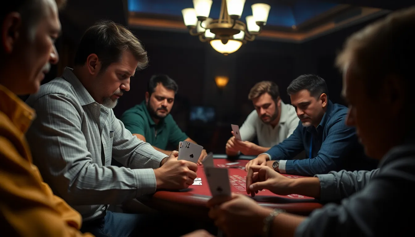 A competitive poker tournament scene shows players fully engaged, highlighting the intensity and focus required in highstakes games