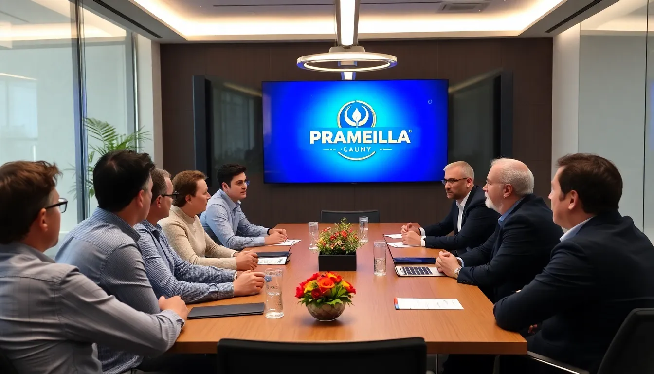 A group of gaming industry professionals discusses the latest trends and innovations in online gaming at a conference, with banners featuring the Pragmatic Play logo in the background.
