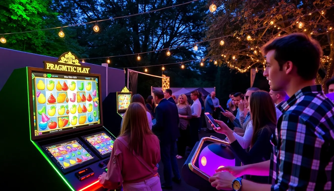 A group of players enthusiastically gathers around a live dealer table in a vibrant online casino setting, showcasing the interactive experience offered by Pragmatic Play's gaming platform.