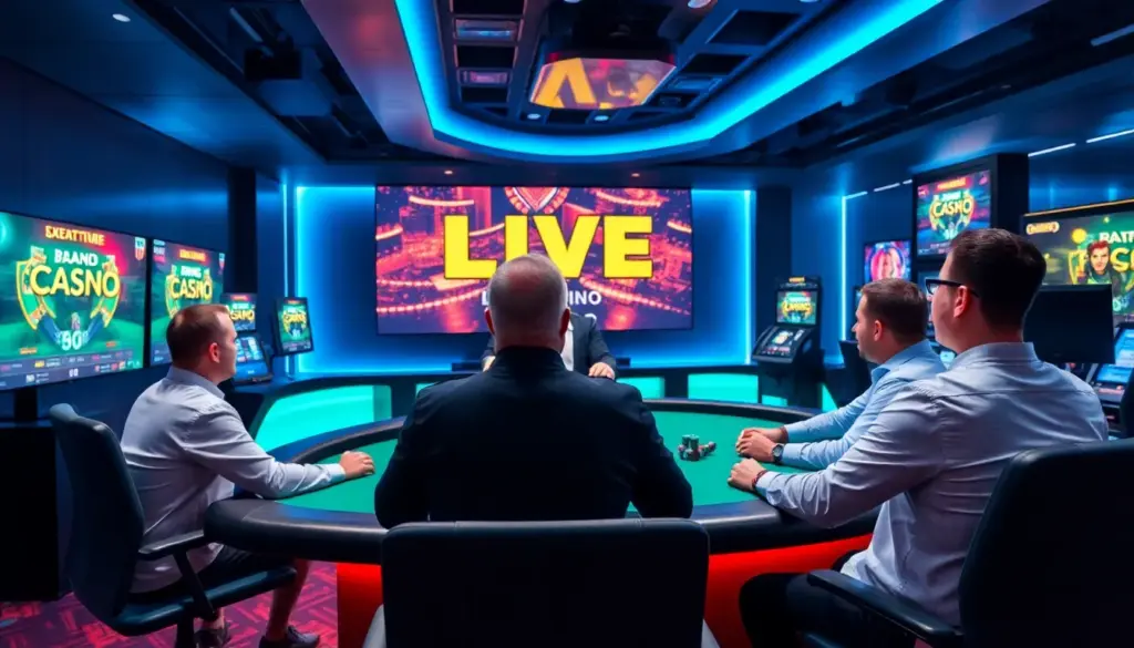 A group of people gathered around a table at a lively casino, intently watching a dealer shuffle cards during a live gaming session.
