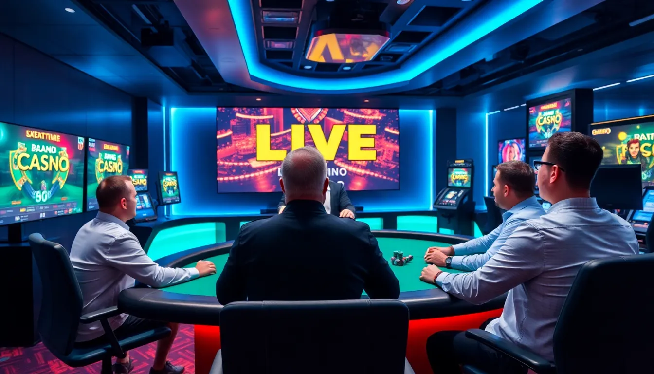 A group of people gathered around a table at a lively casino, intently watching a dealer shuffle cards during a live gaming session.