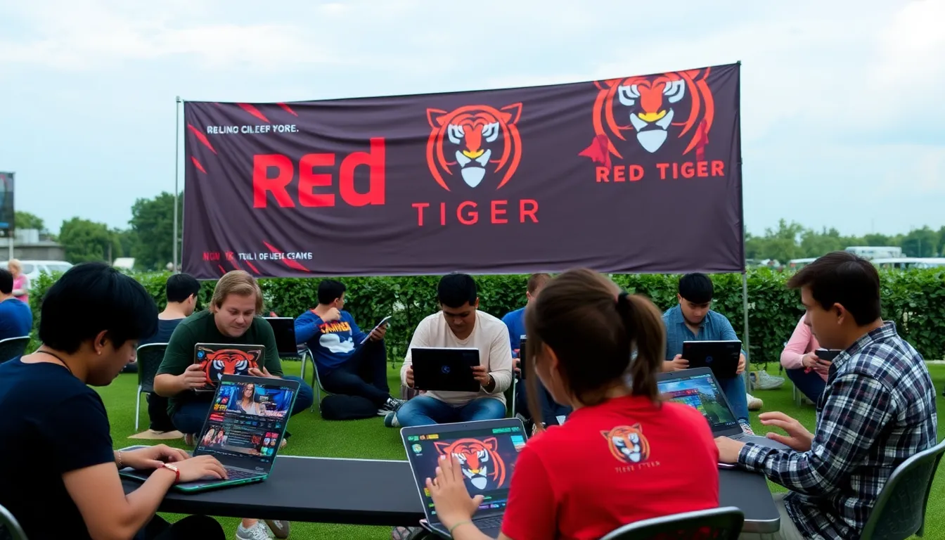 A vibrant red tiger prowls through a lush green jungle, showcasing its striking orange and black stripes against the dense foliage.