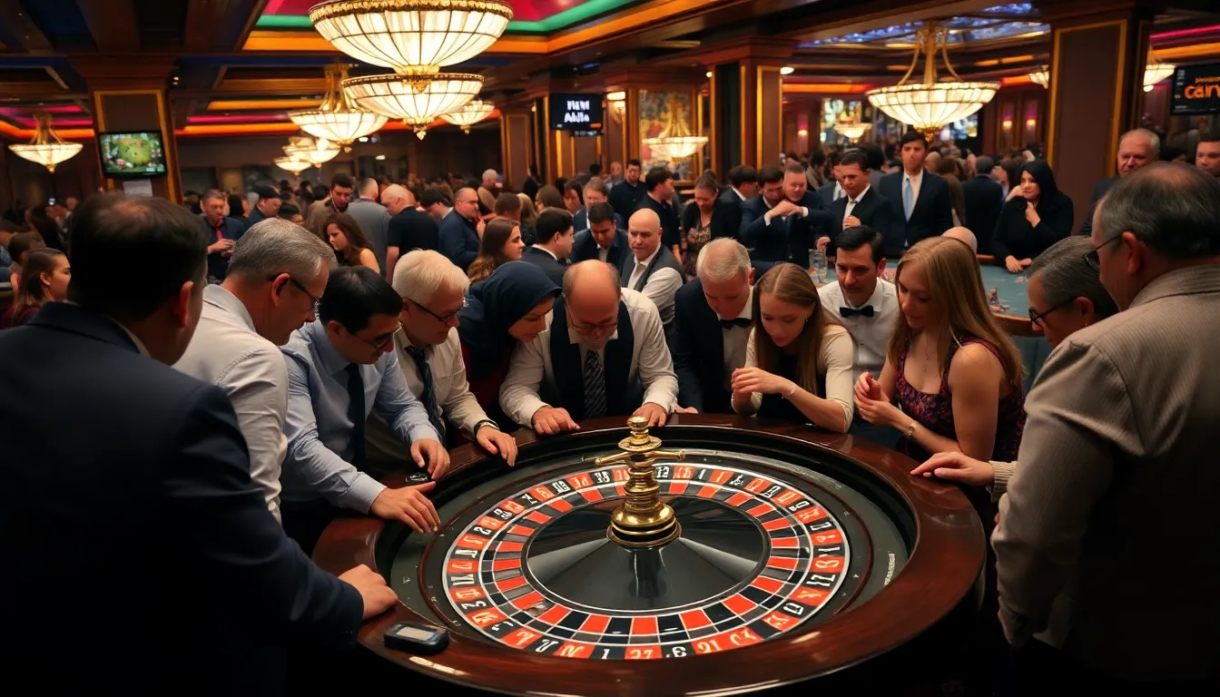 a dealer spins the roulette wheel while players place their bets at a bustling casino table filled with eager participants.