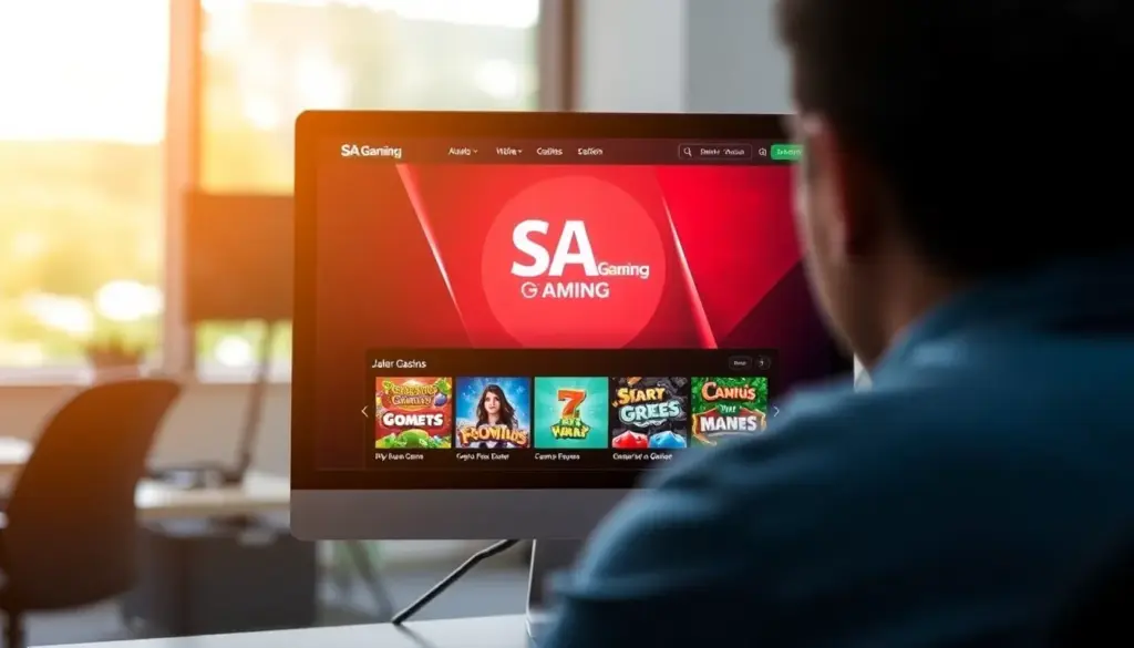 A group of enthusiastic players gathers around a table, intently focused on their screens while engaging in various online games offered by SA Gaming.