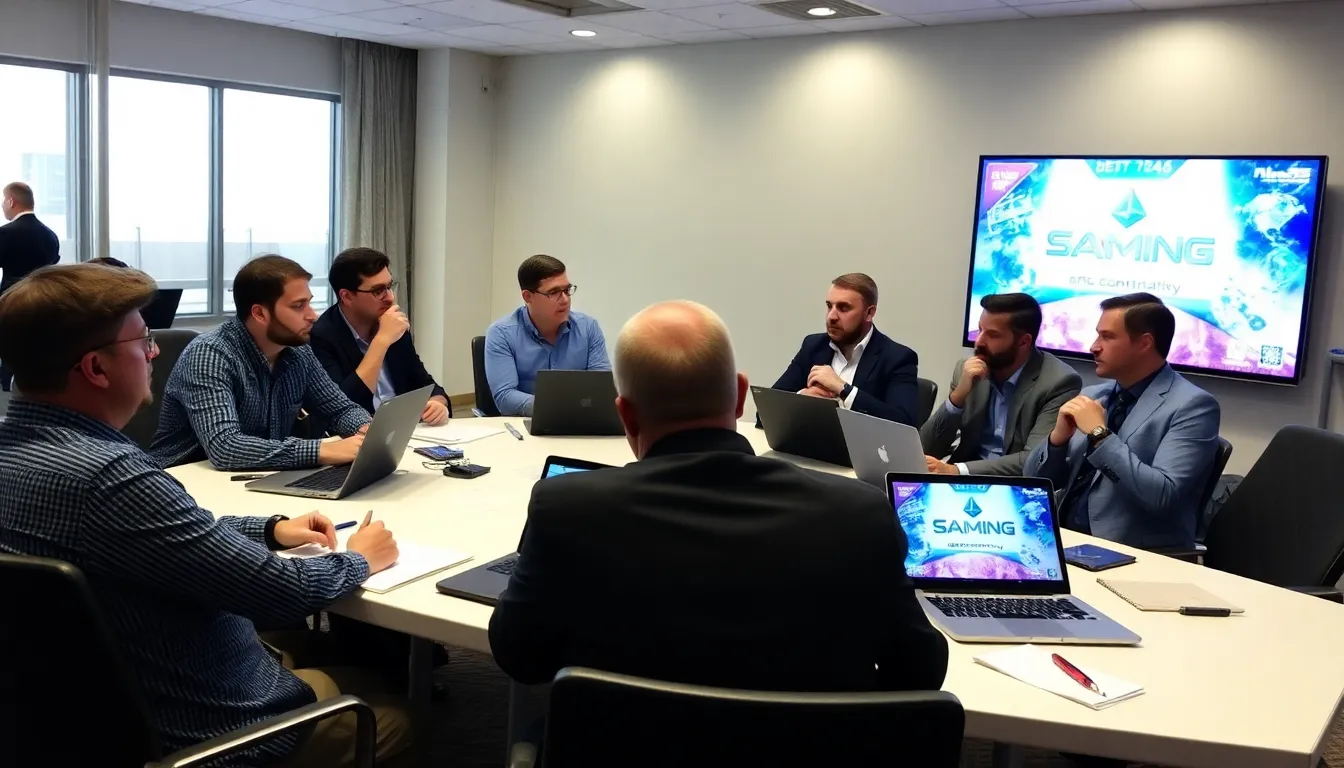 A group of enthusiastic gamers gathers around a table, intently discussing strategies and sharing insights about their favorite online games during a gaming convention.