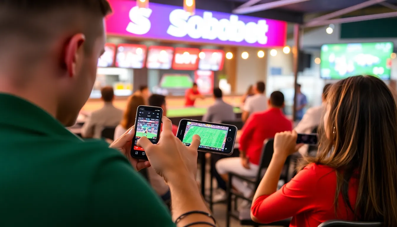A group of enthusiastic gamblers sits around a table at a bustling casino, intently focused on their screens as they place bets on various sporting events.