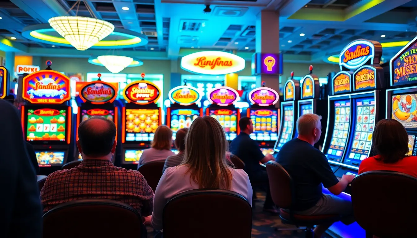 A group of people is gathered around a brightly lit slot machine area in a bustling casino, eagerly watching the spinning reels as coins clatter into the trays.