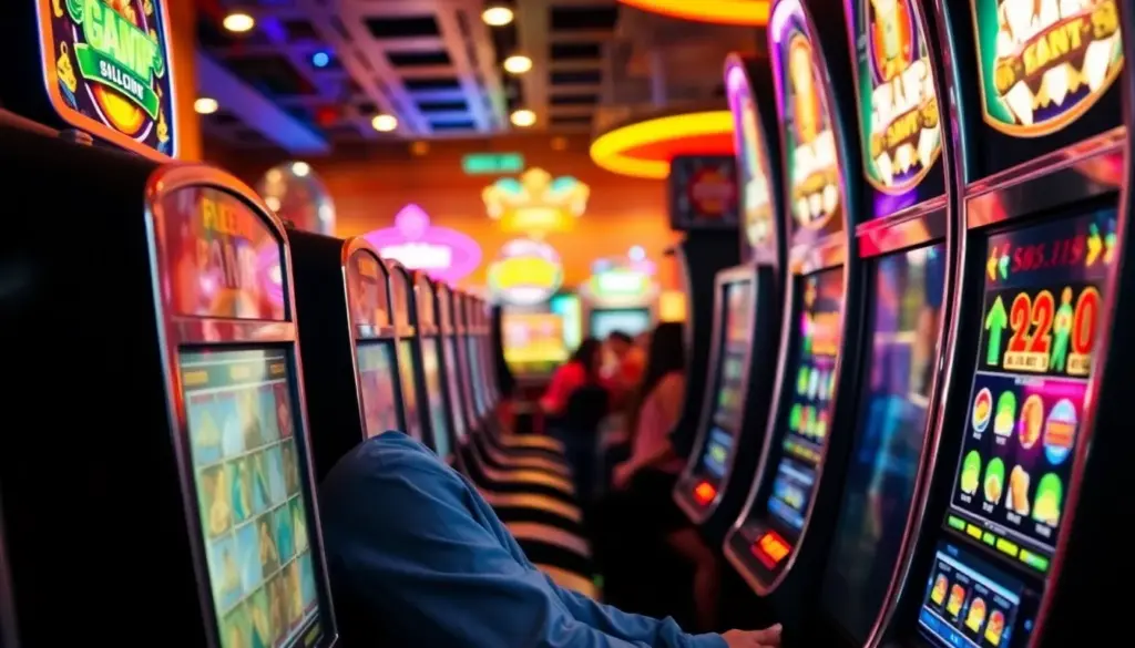 A group of diverse players gathers around a brightly lit slot machine area in a bustling casino, eagerly engaging with various games while the sounds of spinning reels and cheers fill the air.