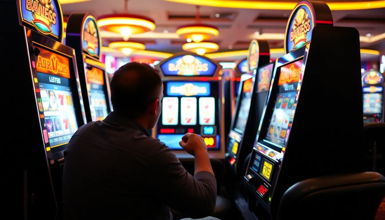 A group of excited players gathers around a brightly lit slot machine in a bustling casino, eagerly watching the spinning reels as they hope for a winning combination.