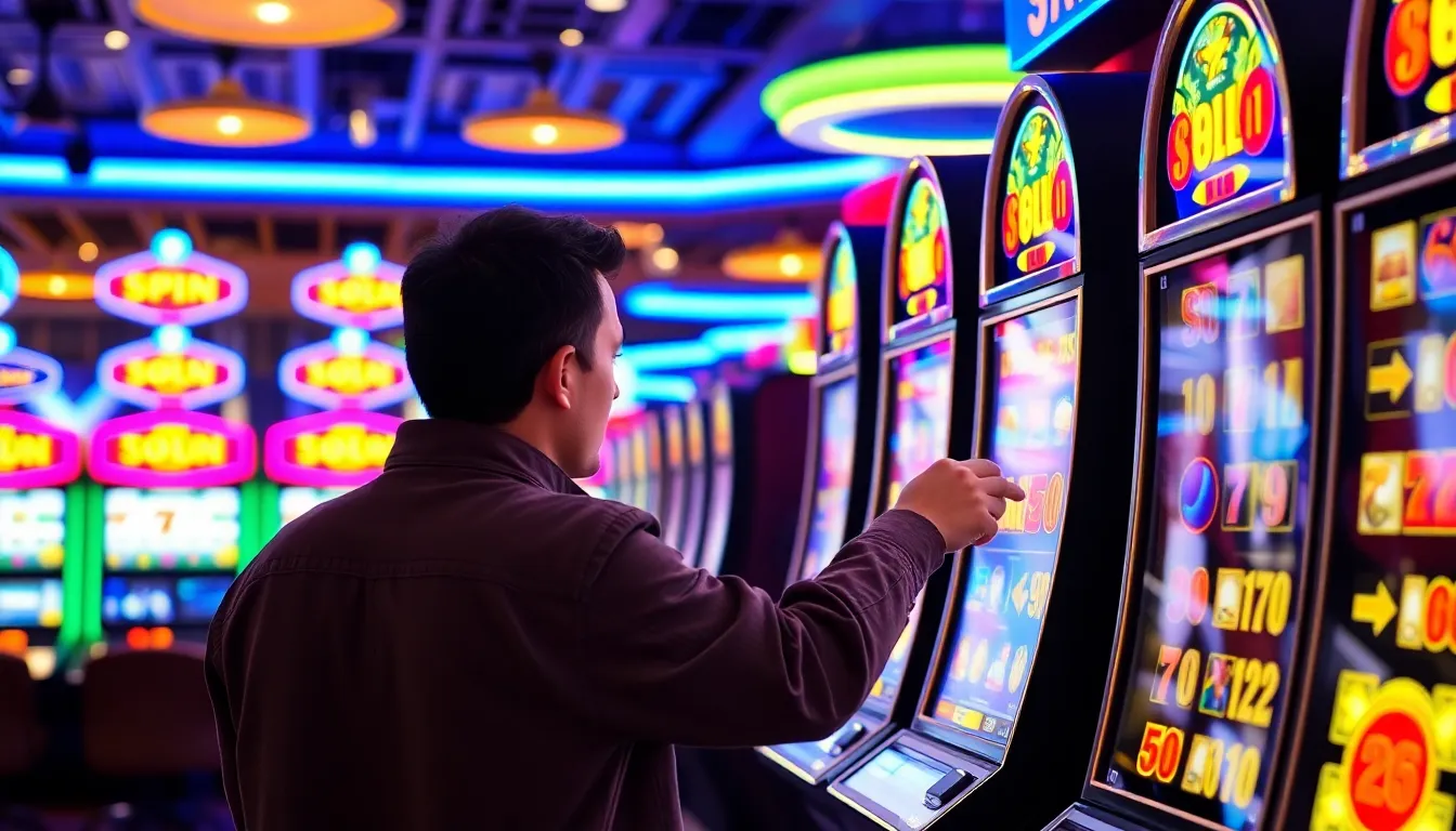 A group of casino patrons eagerly gathers around a brightly lit slot machine, watching intently as the reels spin in anticipation of a potential jackpot.