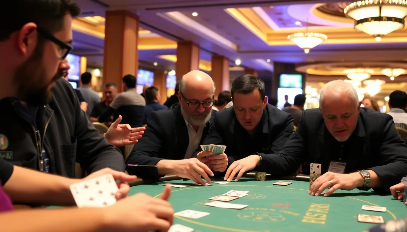 A player analyzing the community cards laid out on the table, considering various strategies and potential outcomes for their hand