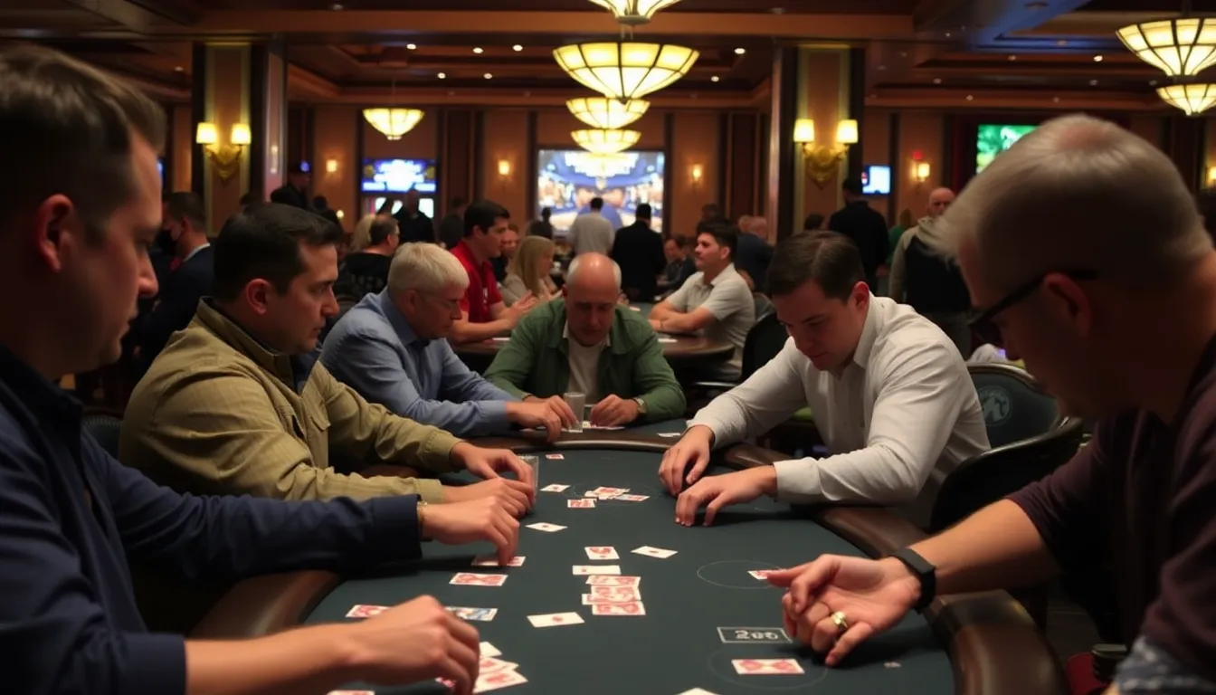 A group of players sits around a poker table, intently focused on their cards and chips while discussing strategies and terminology related to Texas Hold'em.