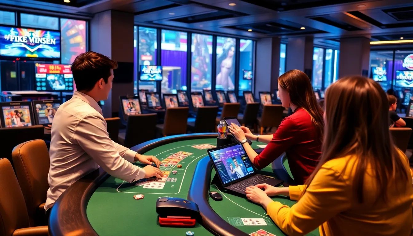 A group of enthusiastic gamers gather around a table at a bustling gaming convention, eagerly discussing the latest offerings from SA Gaming while colorful banners and promotional displays fill the background.