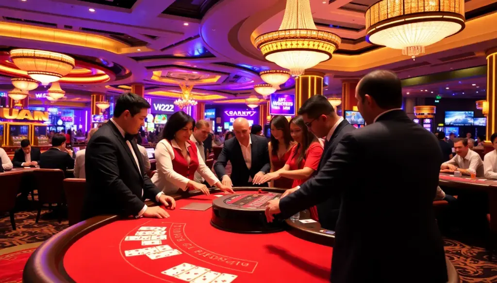 A group of players gathered around a baccarat table in a bustling casino, intently watching the dealer as cards are dealt during an exciting game.
