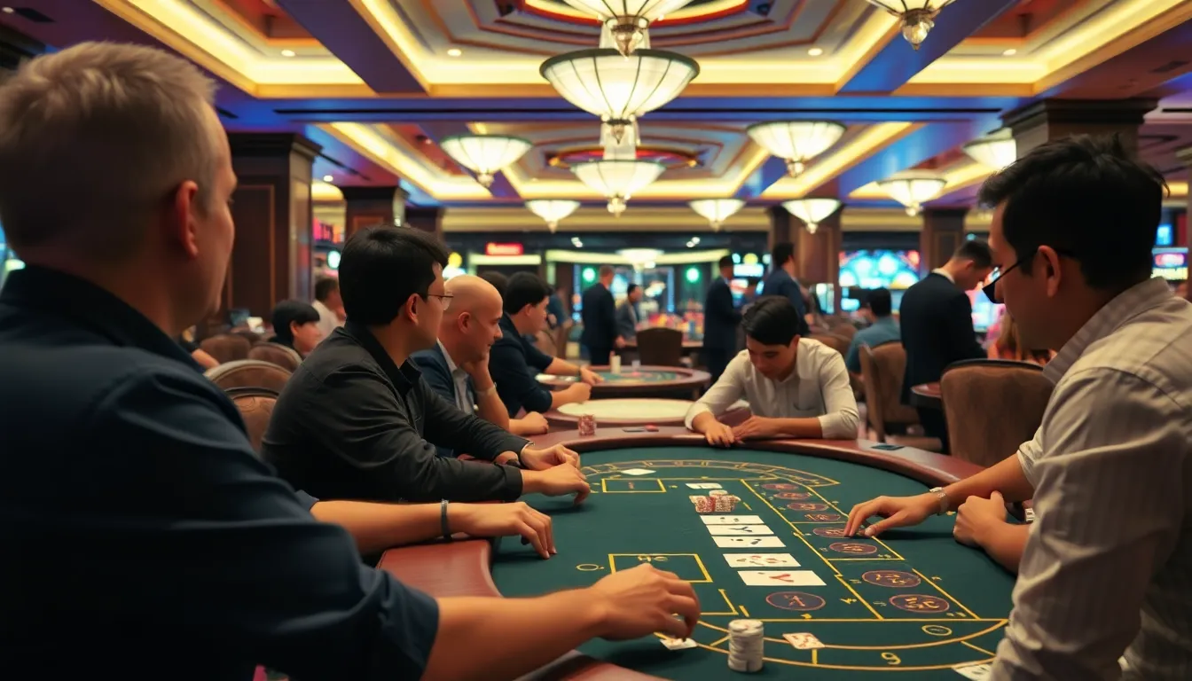 A dealer explaining the rules of AutoBaccarat to a group of players, emphasizing the importance of understanding new game mechanics