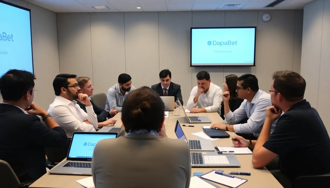 A group of people is gathered around a computer, intently discussing online betting strategies while reviewing the Dafabet website on the screen.
