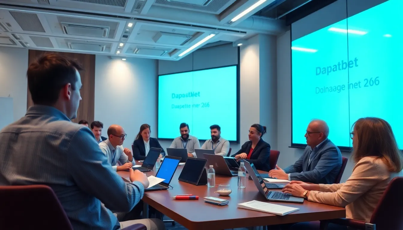 A group of diverse individuals sits around a table, intently discussing strategies for online betting while reviewing Dafabet's services on their laptops and tablets.