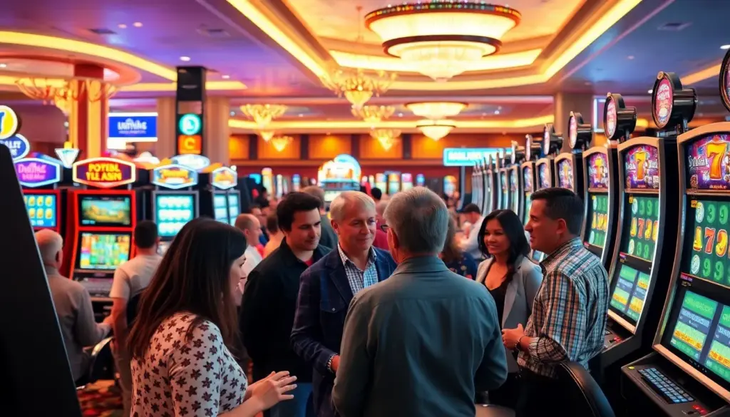 A group of people is gathered around a brightly lit slot machine in a bustling casino, eagerly watching the spinning reels as they hope for a winning combination.