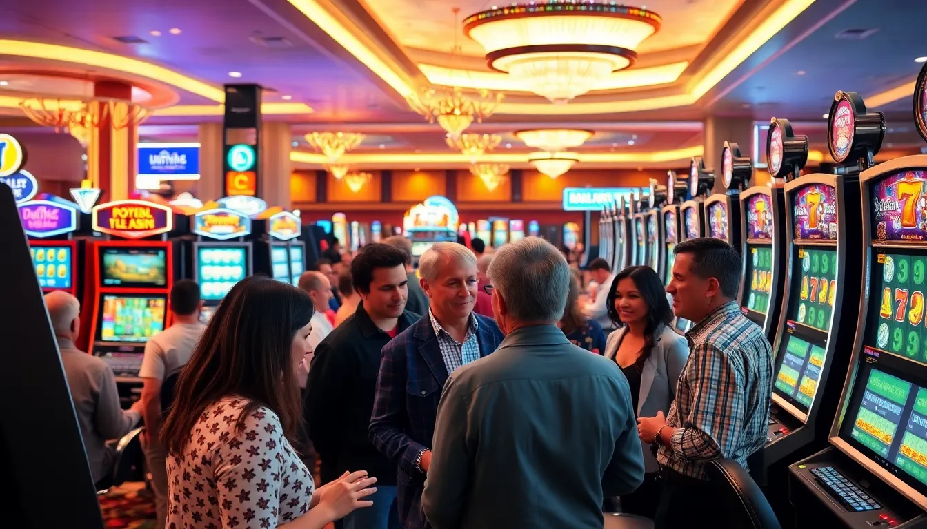 A group of people is gathered around a brightly lit slot machine in a bustling casino, eagerly watching the spinning reels as they hope for a winning combination.