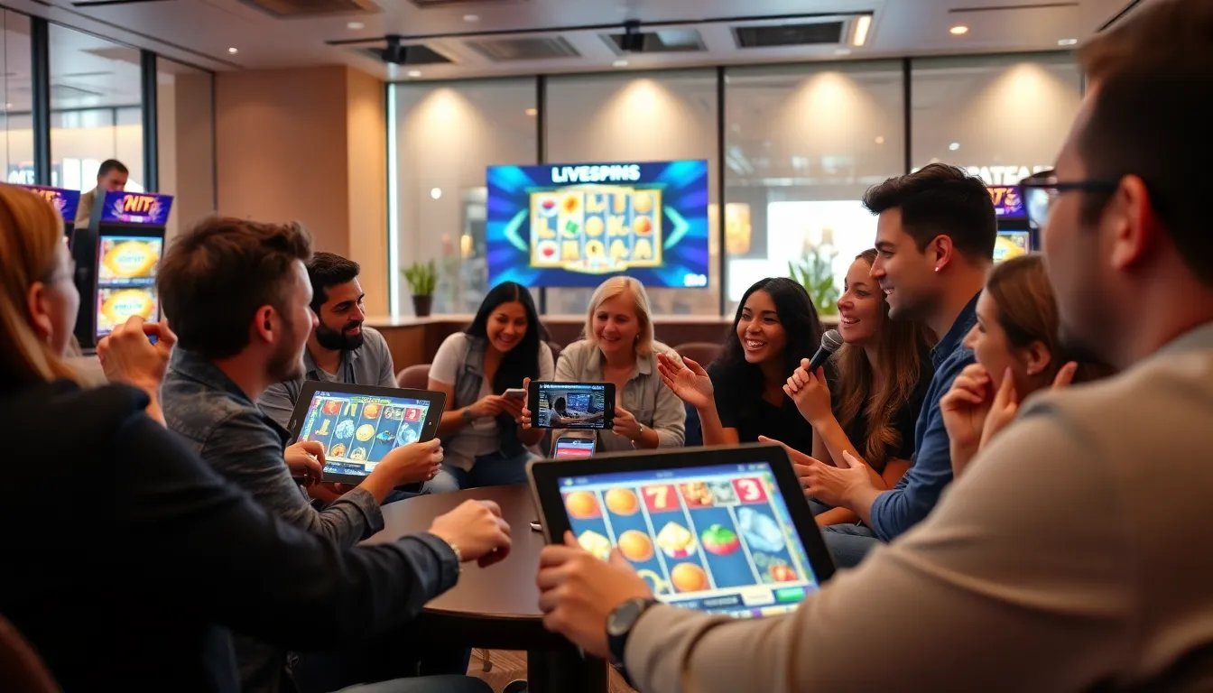 A group of enthusiastic gamers gathers around a large screen, eagerly watching a livestreamed casino game while interacting with each other through their devices.