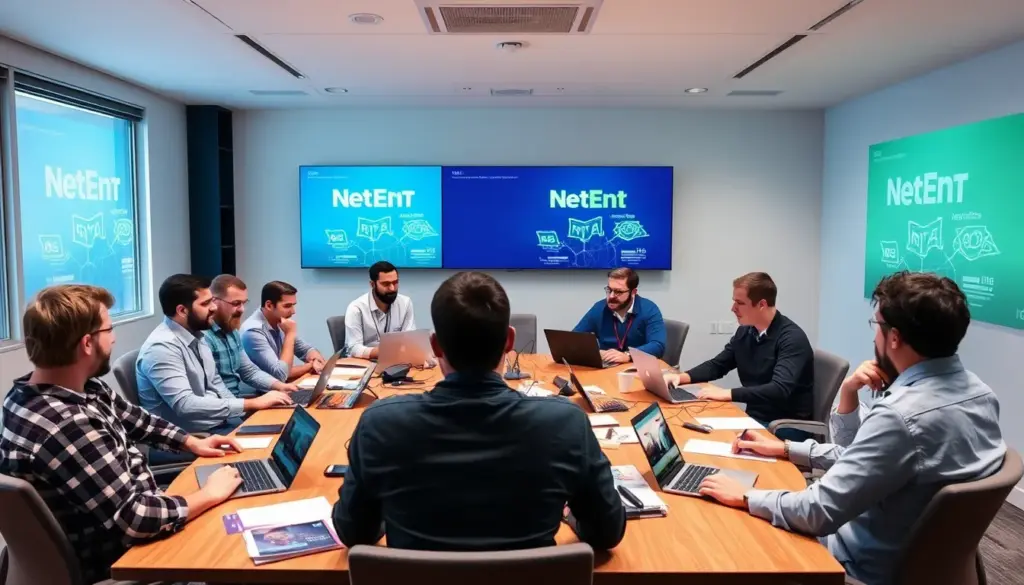 NetEntの新しいゲームタイトルが発表され、プレイヤーたちが興奮した様子で集まっているカジノの一角。