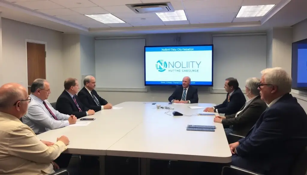 Nolimit Cityの新しいライセンス取得に関する発表イベントで、業界関係者が集まり、今後のビジネス戦略について熱心に議論している様子。