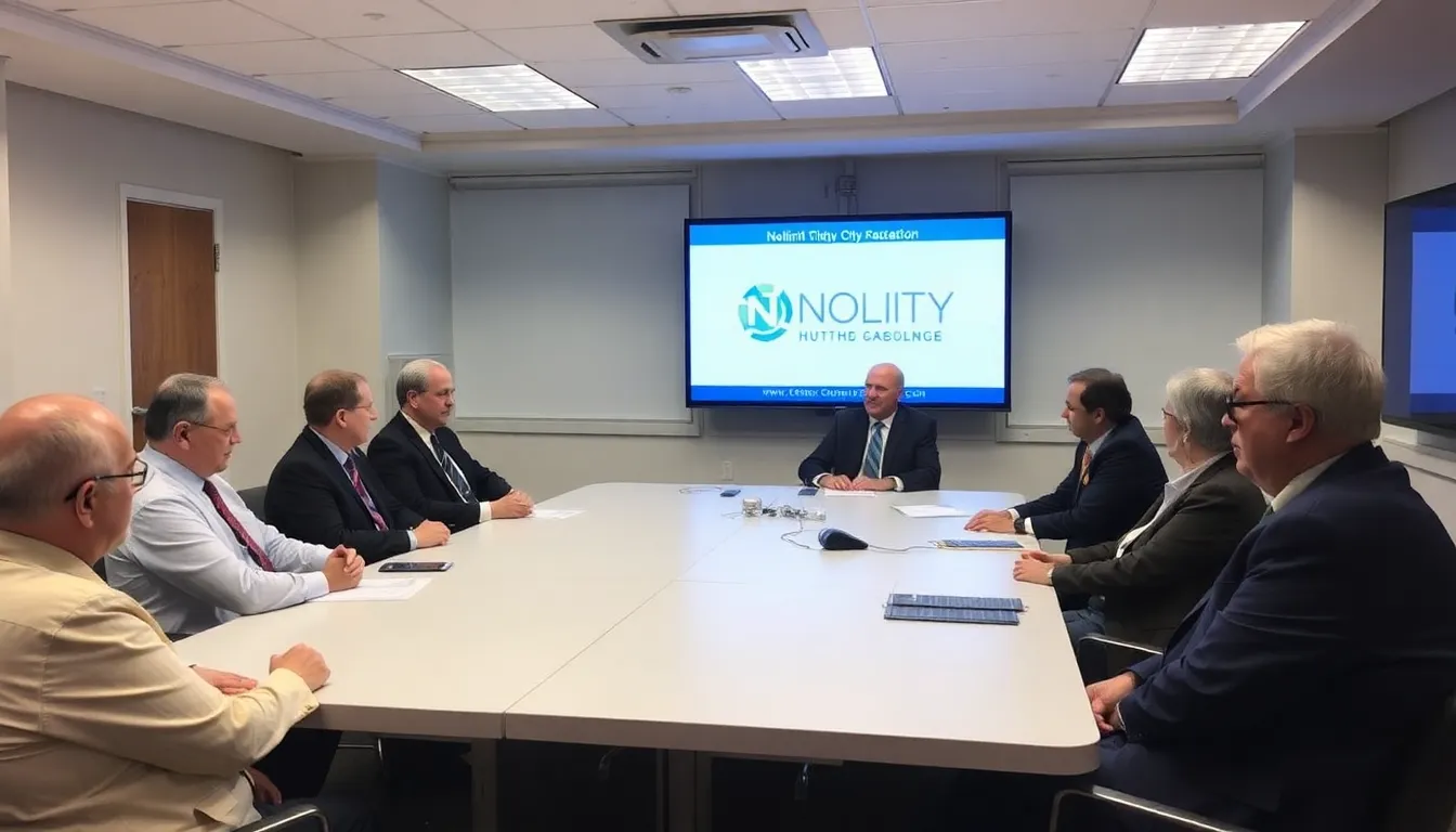 Nolimit Cityの新しいライセンス取得に関する発表イベントで、業界関係者が集まり、今後のビジネス戦略について熱心に議論している様子。