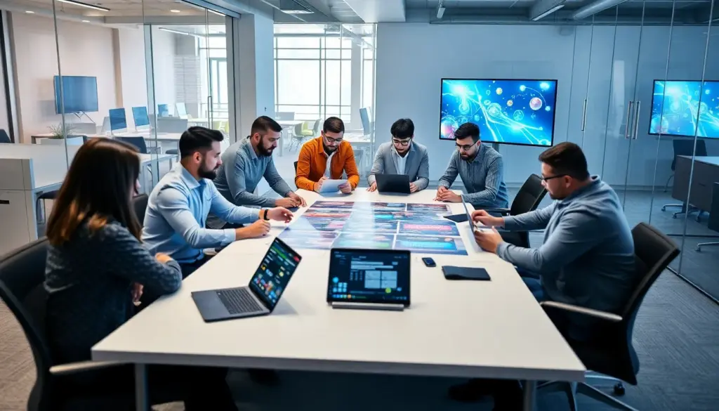 A group of people is gathered around a computer, intently watching a live online casino game as colorful graphics and animations fill the screen.