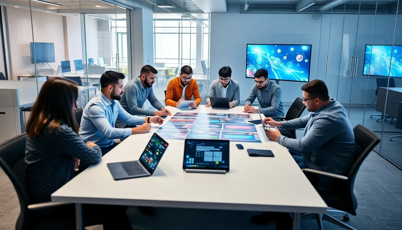 A group of people is gathered around a computer, intently watching a live online casino game as colorful graphics and animations fill the screen.