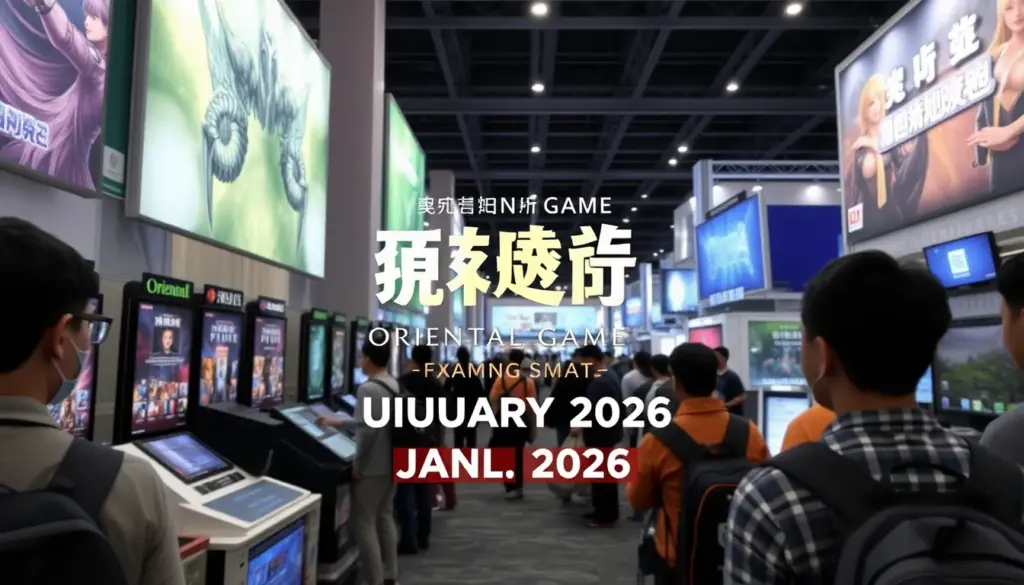 A group of enthusiastic gamers gathers around a large screen, eagerly discussing the upcoming features of the Oriental Game service set to launch in January 2026.