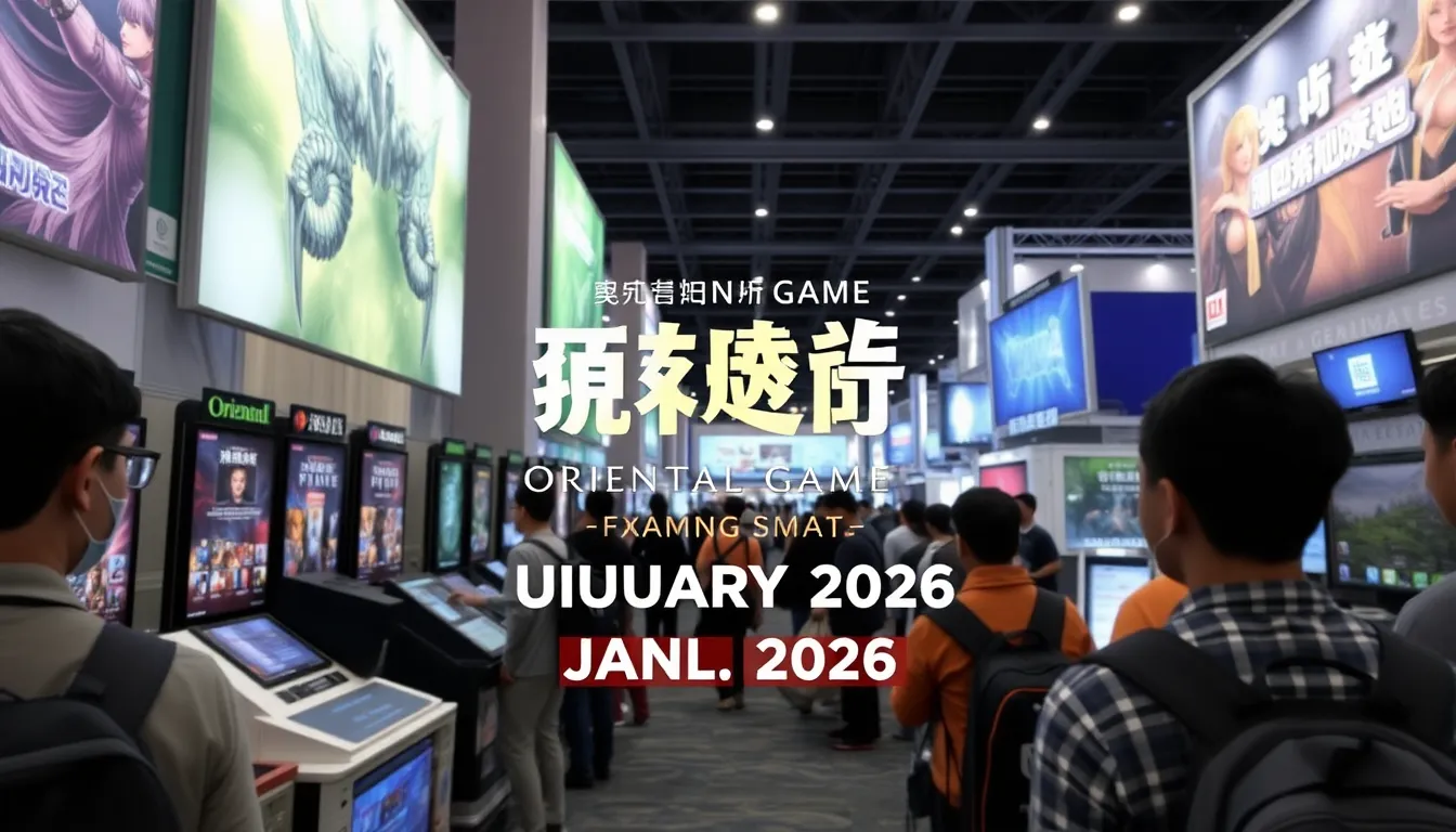 A group of enthusiastic gamers gathers around a large screen, eagerly discussing the upcoming features of the Oriental Game service set to launch in January 2026.