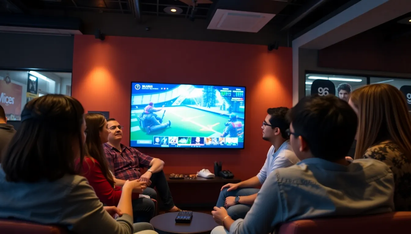 A group of enthusiastic gamers gather around a table, intently focused on their devices as they explore the latest offerings from SA Gaming Services in a lively gaming lounge.