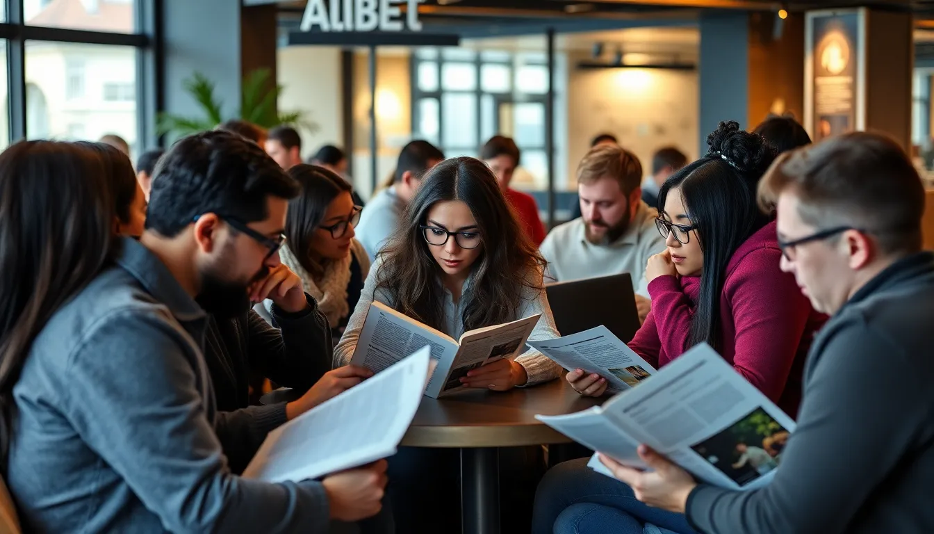 A group of online gaming enthusiasts gathers around their laptops, discussing the latest features and user experiences of the Allbet platform in a bustling café.