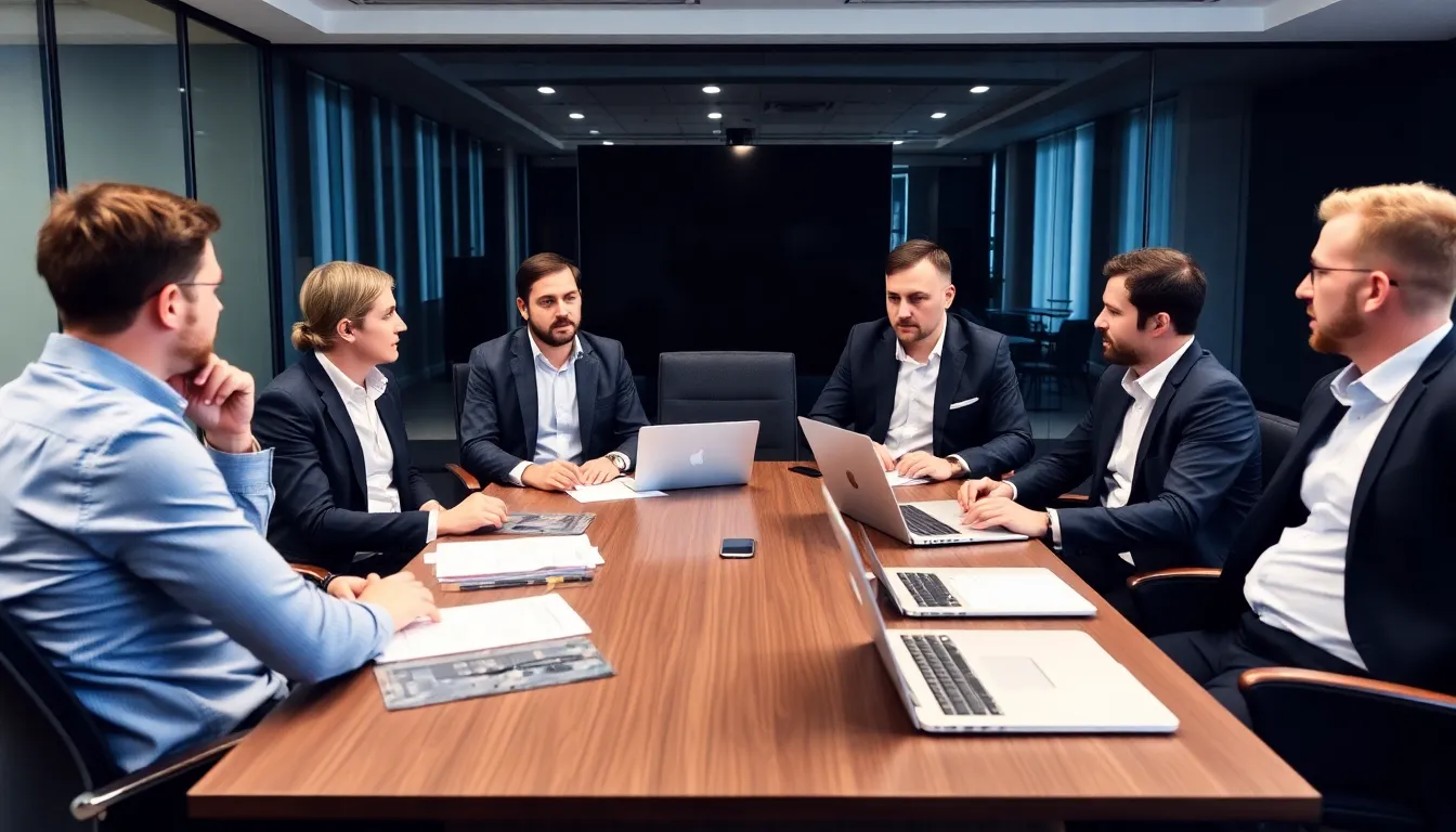 A group of people is gathered around a table discussing the upcoming changes to the Bet365 license, with documents and laptops open in front of them.