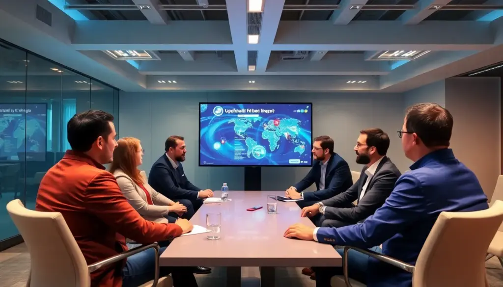 A group of enthusiastic players gathers around a table, intently watching a live Betgames session on a large screen, with colorful graphics and animated game elements displayed prominently.