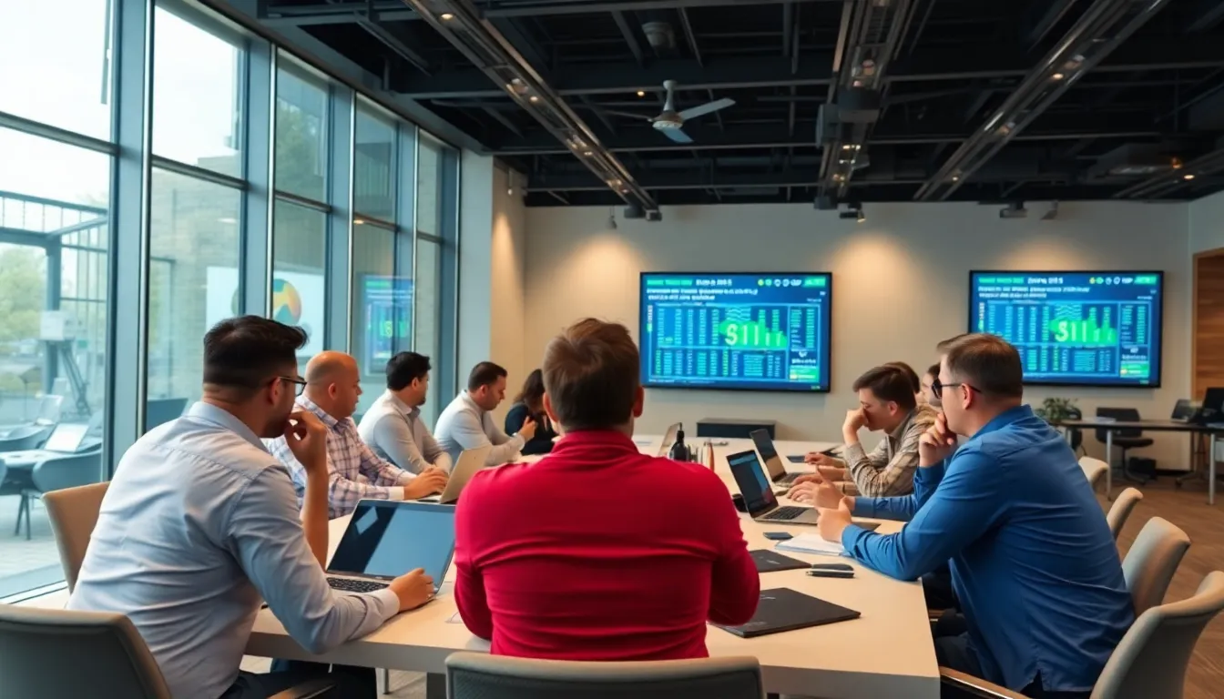 A group of people gathered around a table, intently watching a livestreamed Betgames session featuring card games and dice, with excitement evident on their faces.