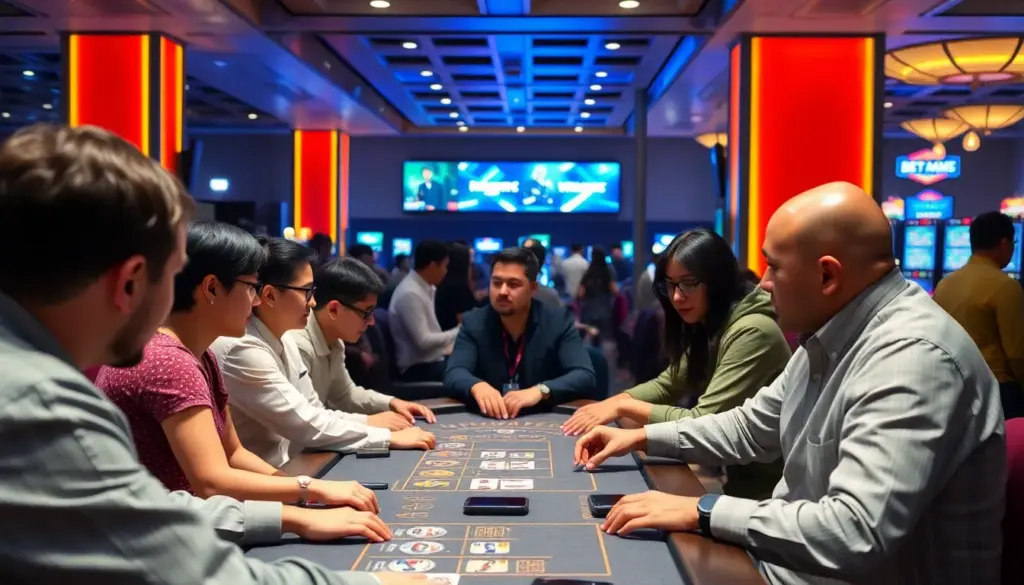 A group of diverse players gathers around a digital gaming table, eagerly engaging with interactive betting options on screens displaying vibrant graphics and realtime statistics.