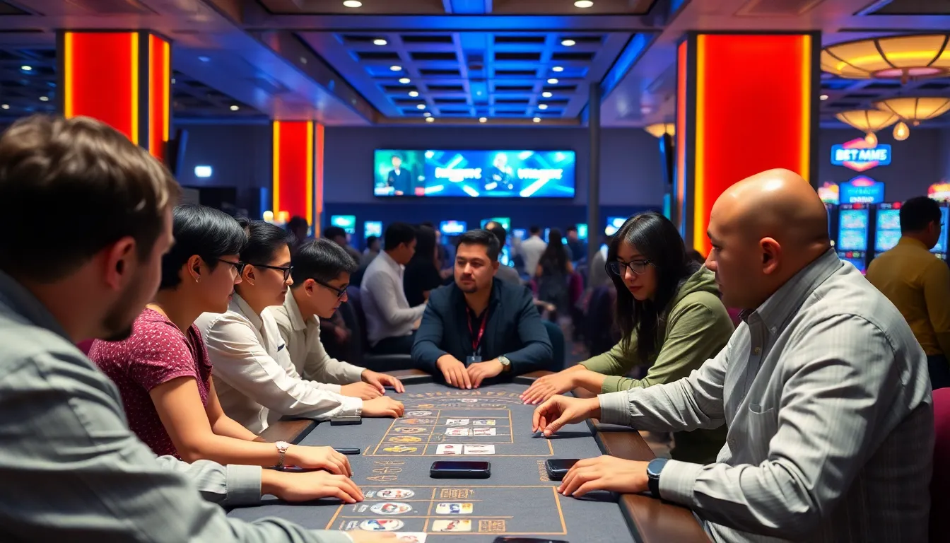 A group of diverse players gathers around a digital gaming table, eagerly engaging with interactive betting options on screens displaying vibrant graphics and realtime statistics.