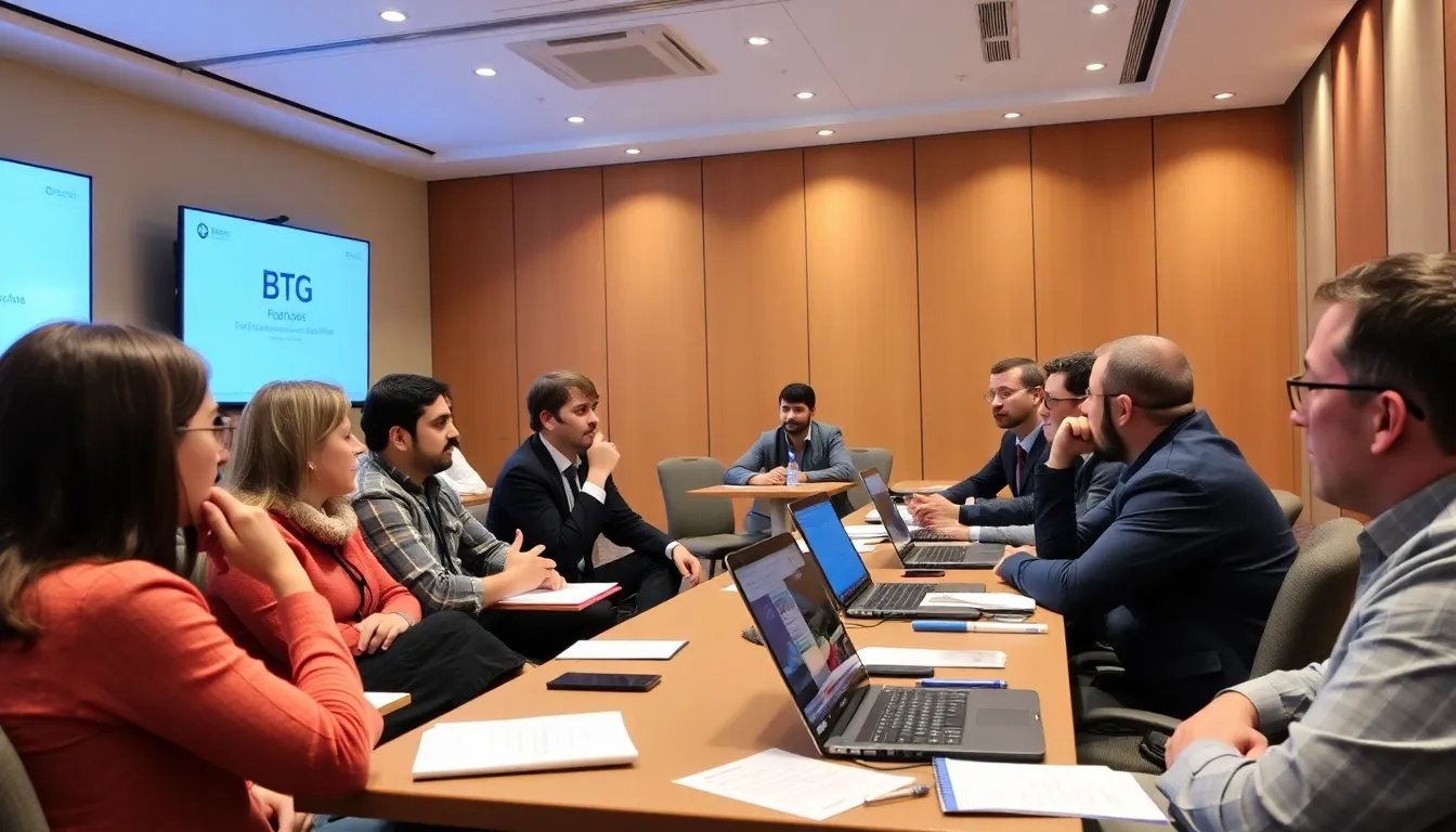 A group of business professionals engages in a discussion about Blockchain Technology Governance at a conference, with charts and graphs displayed on a screen behind them.